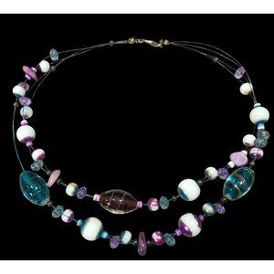Whimsical Candycore Blue And Purple Glass Beaded Necklace